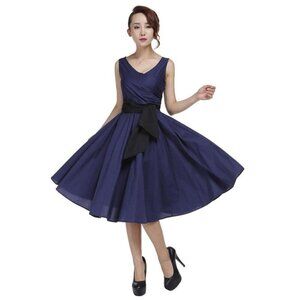 Wrap-Front Sleeveless Swing Dress in Navy
